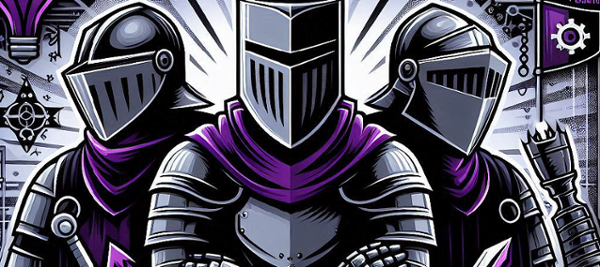 Graphic of three Knights in armor and purple robes. 